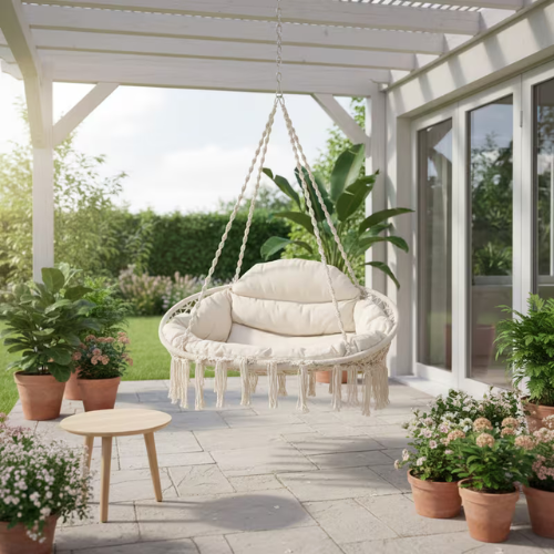 ™Levshiel | כיסא נדנדה בעבודת יד עם חבל, נדנדה מקרמה, כרית עבה, סגנון בוהו