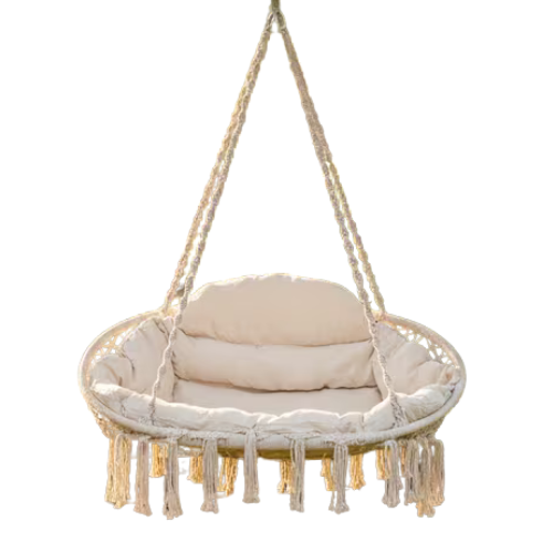 ™Levshiel | כיסא נדנדה בעבודת יד עם חבל, נדנדה מקרמה, כרית עבה, סגנון בוהו